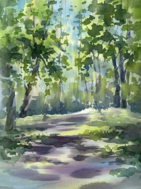 Forest path sunlight shadow watercolor background. Green summer illustration