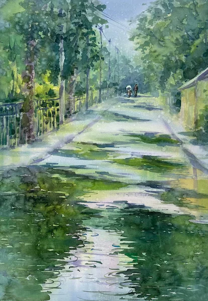 Rain Small Street Watercolor Background Green Summer Illustration — Stok fotoğraf