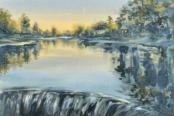 Evening Landscape River Weir Watercolor Background Autumn Illustration — 스톡 사진