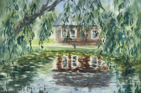 Old House River Watercolor Landscape Summer Illustration —  Fotos de Stock