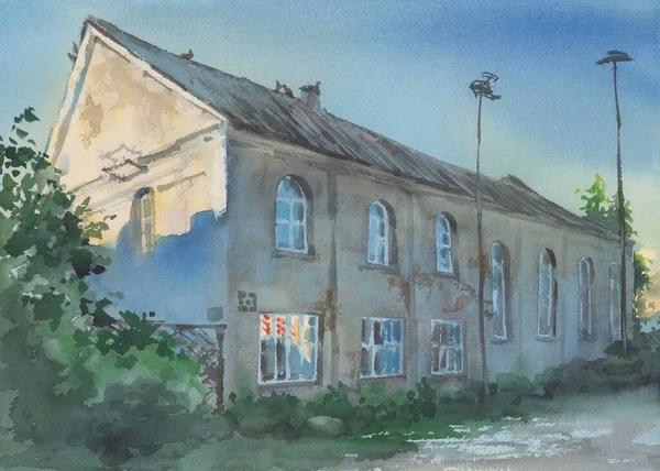 Old Jewish Synagogue Zagare Lithuania Watercolor Landscape Summer Evening Illustration Imágenes de stock libres de derechos