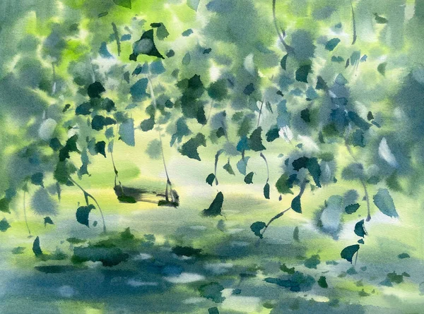 A swing in the garden in spring watercolor background. Green landscape