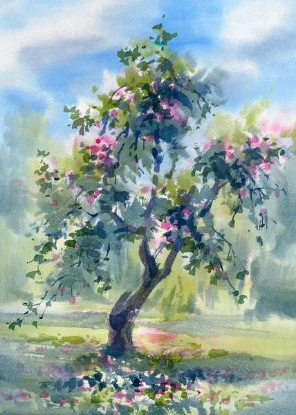 Red Apple Tree Autumn Watercolor Landscape Sunny Illustration — Stock Photo, Image