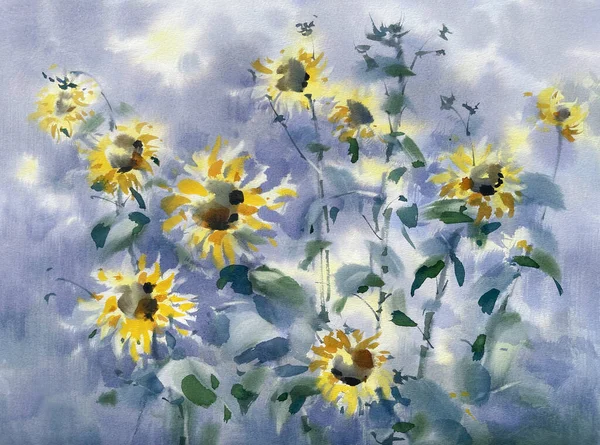 A bouquet of sunflowers on blue watercolor background. Autumn illustration