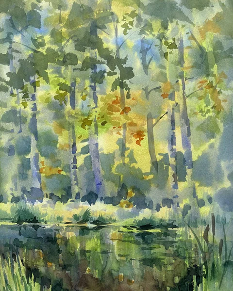 Sonbahar suluboya arka planda gölün yanında akşam güneşi. Sonbahar çizimi