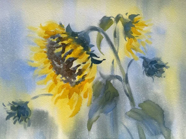 A bouquet of sunflowers on light watercolor background. Autumn illustration