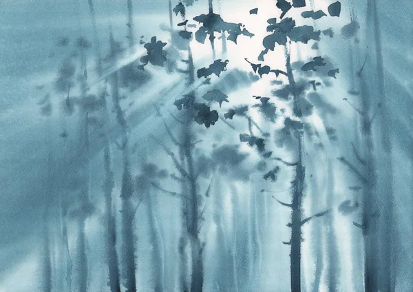 Dennenboom Bos Mist Aquarel Achtergrond Een Kleur Herfst Illustratie — Stockfoto
