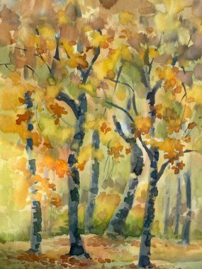 Sonbahar suluboya arka planda parkta akşam güneşi. Sonbahar çizimi