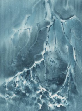 Çivit rengi suluboya arka planda çam ağacı dalı. Bir renk sonbahar illüstrasyonu