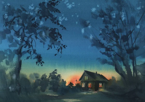 Old house with light windows in the night watercolor landscape. Halloween night.