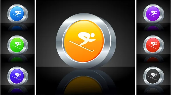 Ski Icon on 3D Button with Metallic Rim — Stock Photo, Image