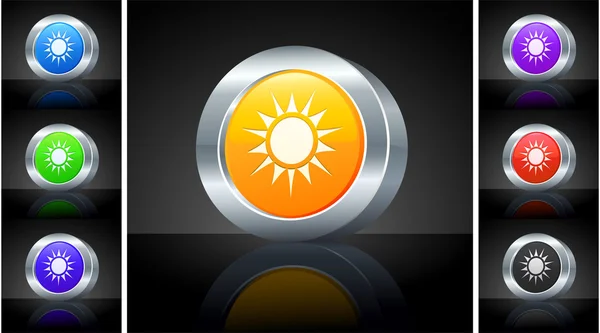 Icona del sole sul pulsante 3D con bordo metallico — Foto Stock
