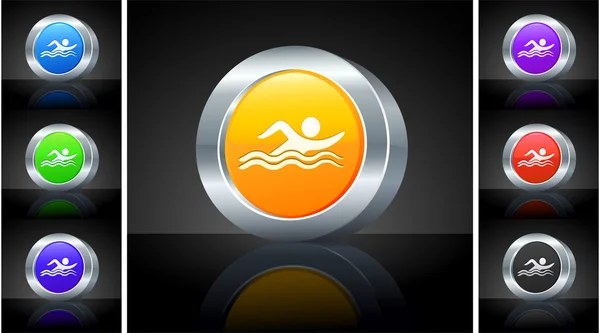 Icono de natación en botón 3D con borde metálico —  Fotos de Stock
