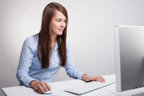 Beautiful woman in blue shirt — Stock Photo, Image