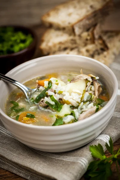 Куриный суп с рисом и овощами — стоковое фото