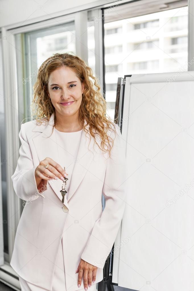 Real estate agent with keys and flip chart