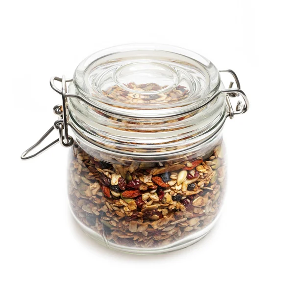 Homemade granola in  jar — Stock Photo, Image