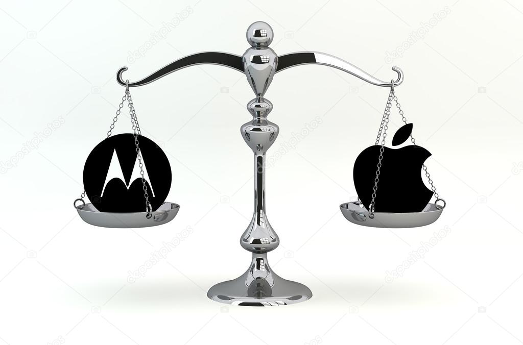 Patent wars. Motorola Mobility versus Apple. Logos on scale cups. Concept illustration