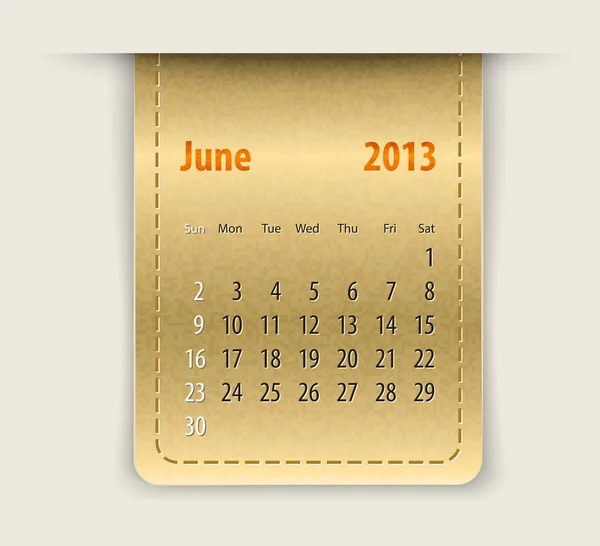 Calendário brilhante para junho 2013 na textura de couro — Vetor de Stock