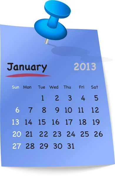 Calendario para enero de 2013 en nota adhesiva azul — Vector de stock