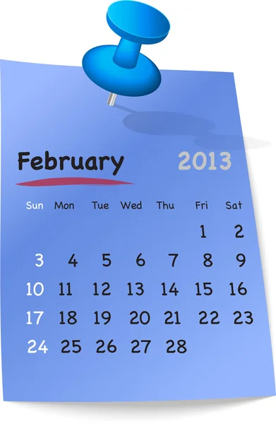 Calendario febbraio 2013 su nota blu appiccicosa — Vettoriale Stock