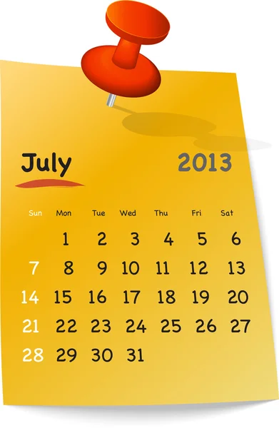 Kalenderblatt für den Juli 2013 auf orangefarbener Haftnotiz — Stockvektor