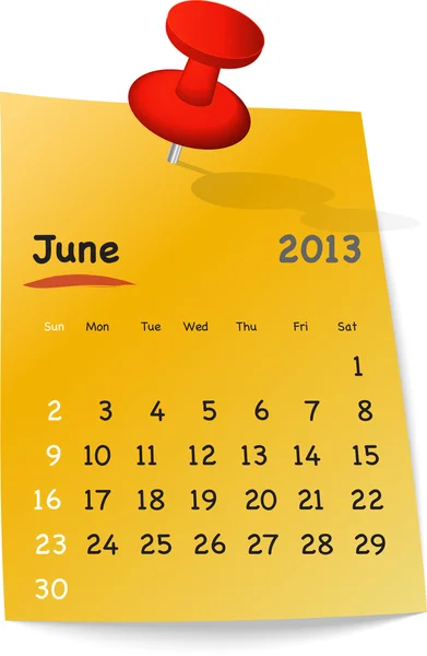 Calendário para junho de 2013 na nota pegajosa laranja — Vetor de Stock
