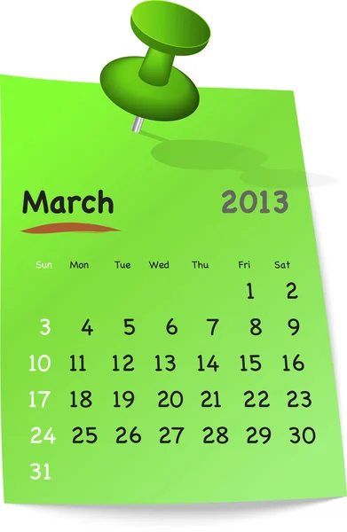 Calendar for march 2013 on green sticky note — Stock Vector