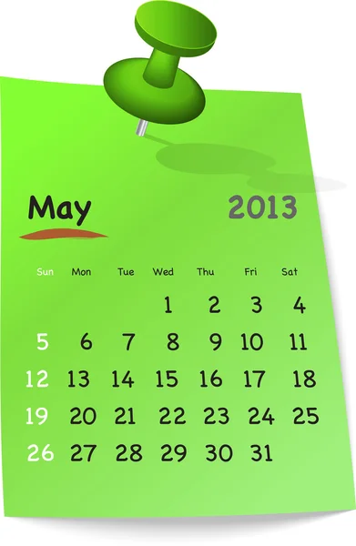 Calendar for may 2013 on green sticky note — Stock Vector