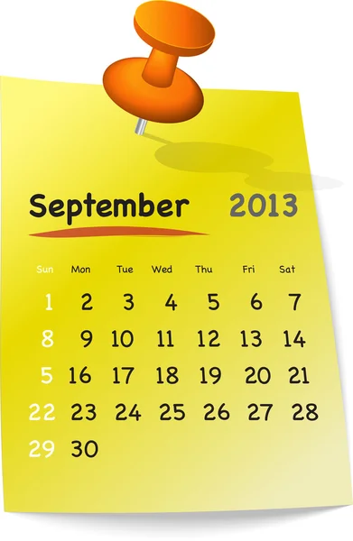 Calendar for september 2013 on yellow sticky note — Stock Vector
