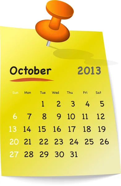 Календарь на октябрь 2013 года на желтой липкой ноте — стоковый вектор