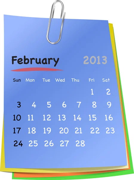 Calendario febbraio 2013 su note adesive colorate — Vettoriale Stock