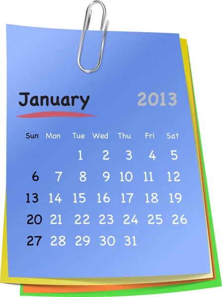 Calendrier pour janvier 2013 sur les notes collantes colorées — Image vectorielle