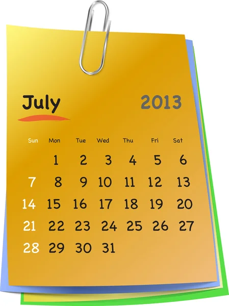 Kalenderblatt für Juli 2013 auf bunten Haftnotizen — Stockvektor