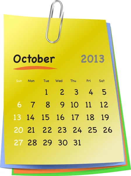 Календарь на октябрь 2013 года на красочных липких нотах — стоковый вектор