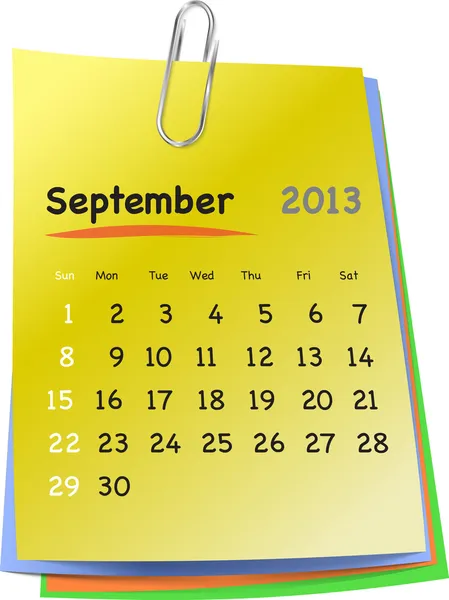 Календарь на сентябрь 2013 года на красочных липких нотах — стоковый вектор
