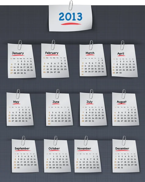 Календарь на 2013 год на липкие ноты, прикрепленные клипом — стоковый вектор