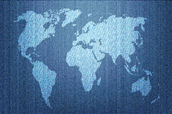 Mapa do mundo branco no fundo azul jeans — Vetor de Stock