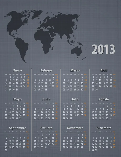 Calendrier 2013 en espagnol. Carte du monde sur la texture lin — Image vectorielle