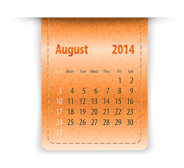 Calendario lucido per agosto 2014 su struttura di pelle. Abeti domenicali — Vettoriale Stock