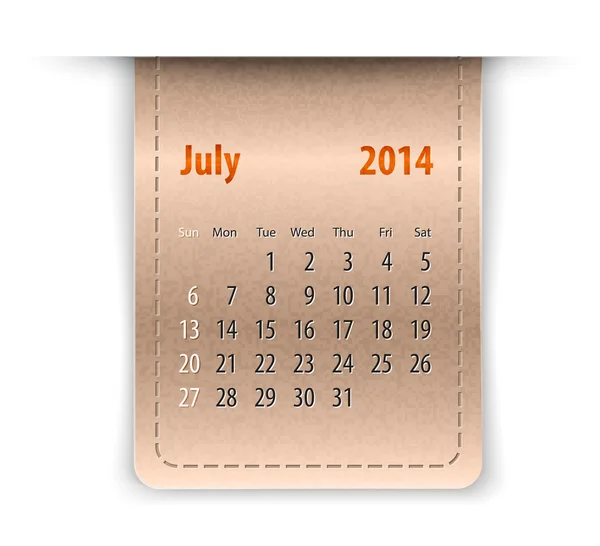 Calendario lucido per luglio 2014 su texture in pelle. Prima la domenica — Vettoriale Stock