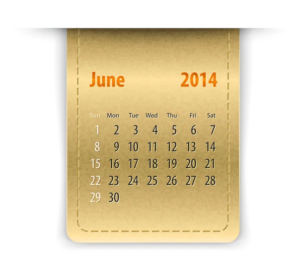 Calendario lucido per giugno 2014 su struttura di pelle. Prima la domenica — Vettoriale Stock