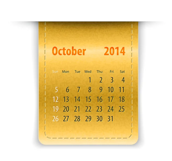 Glossy calendar for october 2014 on leather texture. Sundays fir — Stock Vector