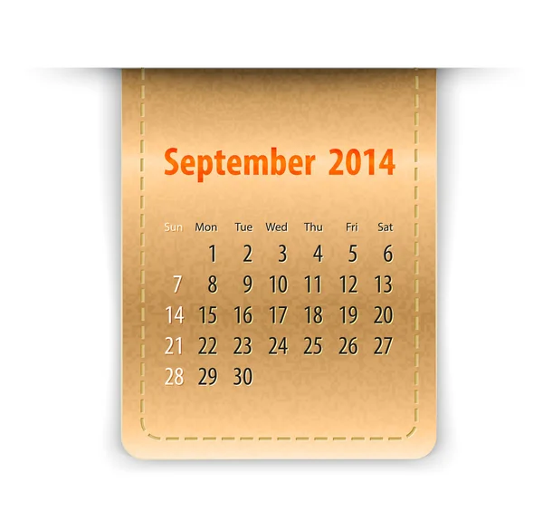 Glanzende kalender voor september 2014 op leder texture. zondag f — Stockvector