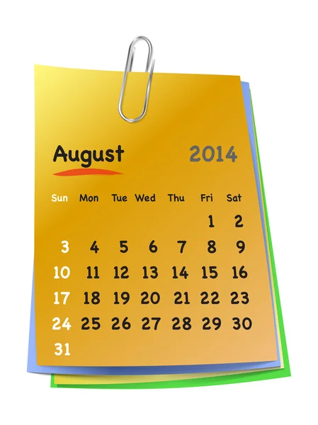 Календарь на август 2014 года на красочные липкие ноты, прикрепленные с — стоковый вектор
