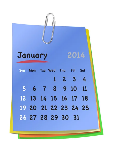 1 月 2014 年附的多彩粘滞便笺上的日历 — 图库矢量图片