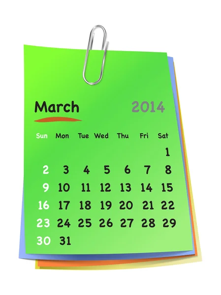 Calendar for march 2014 on colorful sticky notes attached with m — Stock Vector