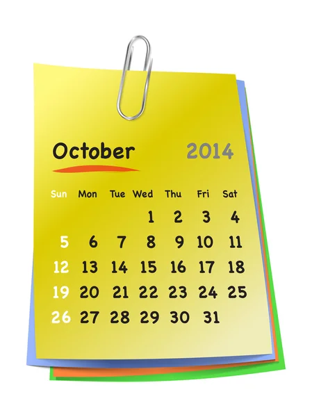 Календарь на октябрь 2014 года по красочным липким нотам, прикрепленным — стоковый вектор