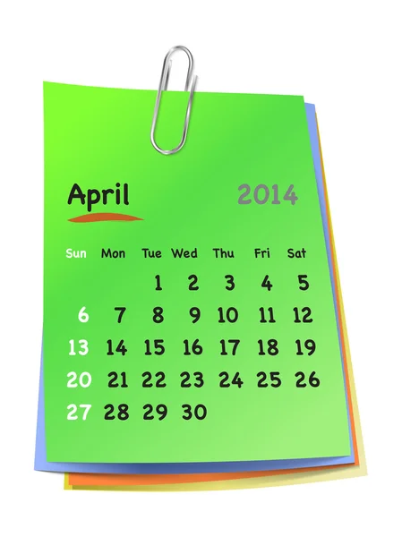 Календарь на апрель 2014 года на красочные липкие ноты, прикрепленные с м — стоковый вектор