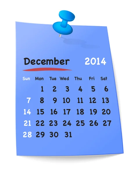 Calendar for december 2014 on blue sticky note attached with blu — Stock Vector